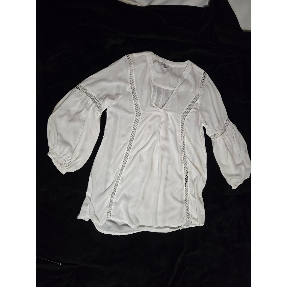 Raviya Tunic Top Women Large White Excellent Crochet Lace Balloon Sleeve V-Neck